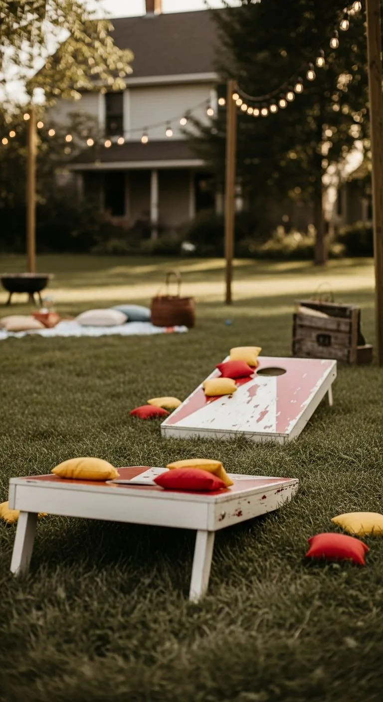 Cornhole op een groene buitenlocatie bij een trouwfeest