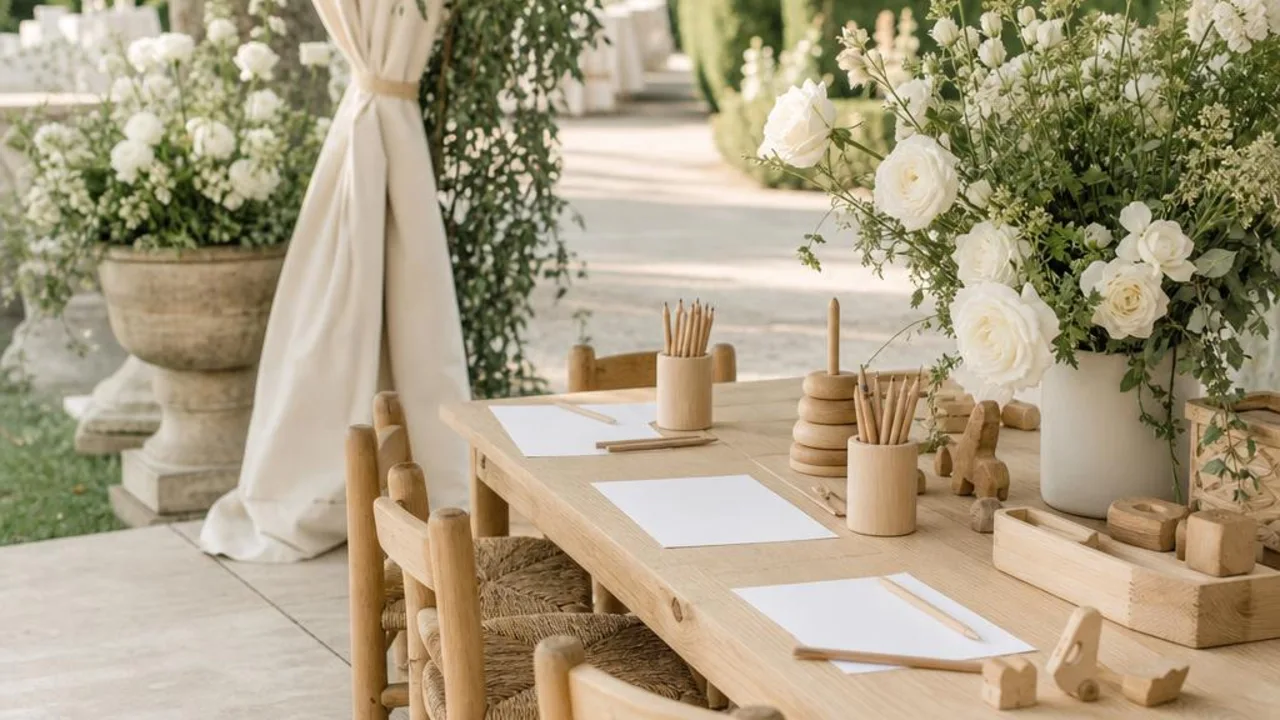 Illustratief sfeerbeeld van een kinderhoek met kleurpotloden, houten stoelen en witte bloemen