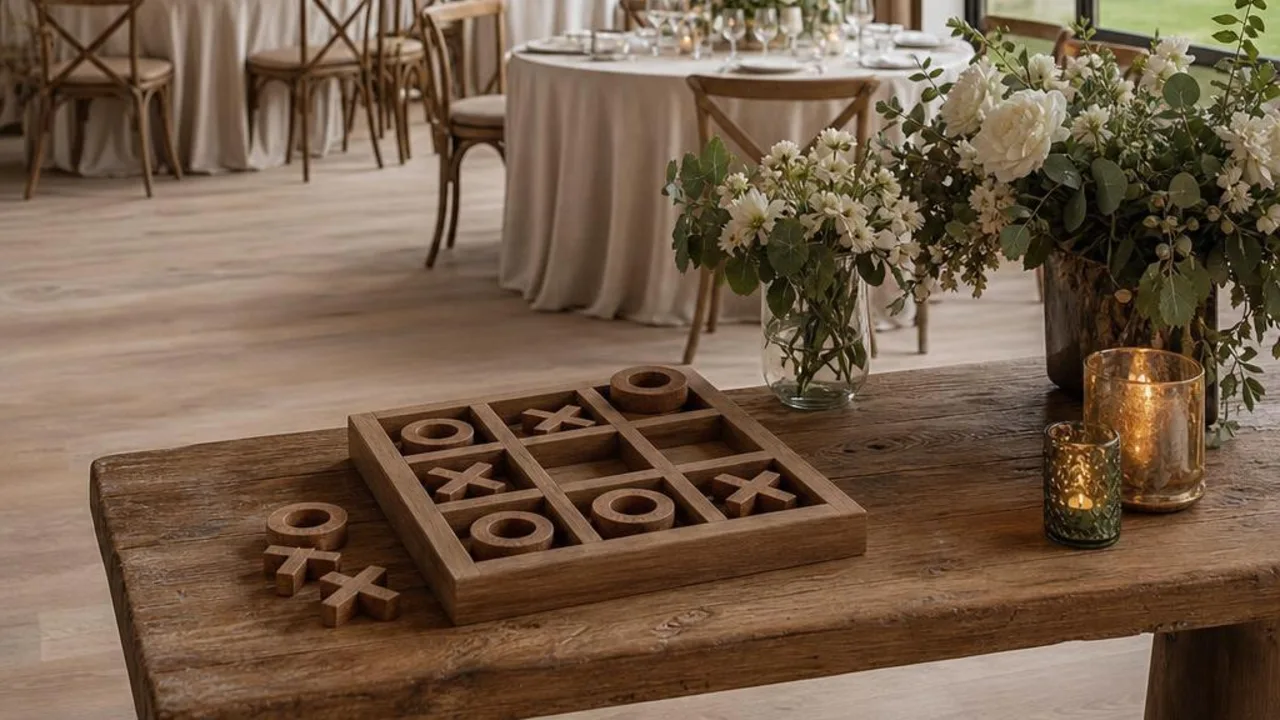 Illustratief sfeerbeeld van een droge trouwreceptie met een houten denkspel en zicht op een regenachtige tuin